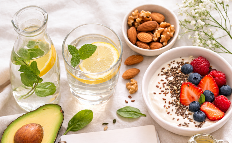 Zitronenwasser, Nüsse und Beerenquark