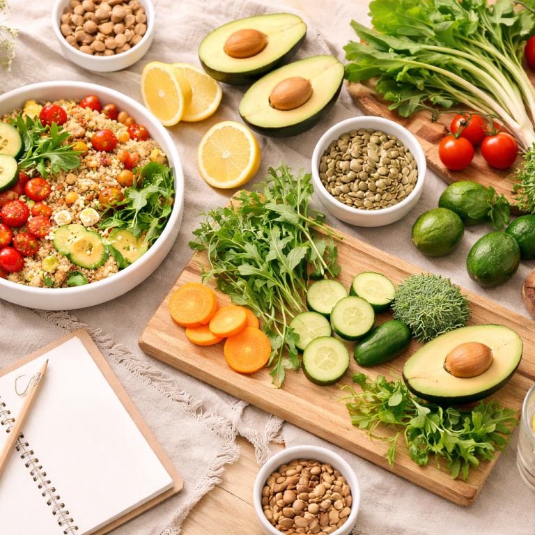 Gesunde Lebensmittel und ein Notizbuch