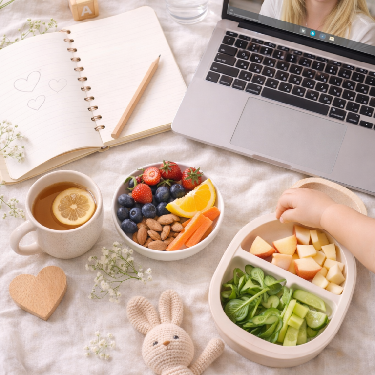 Laptop, Notizbuch, gesunder Snackteller-Online-Beratungs-Setting