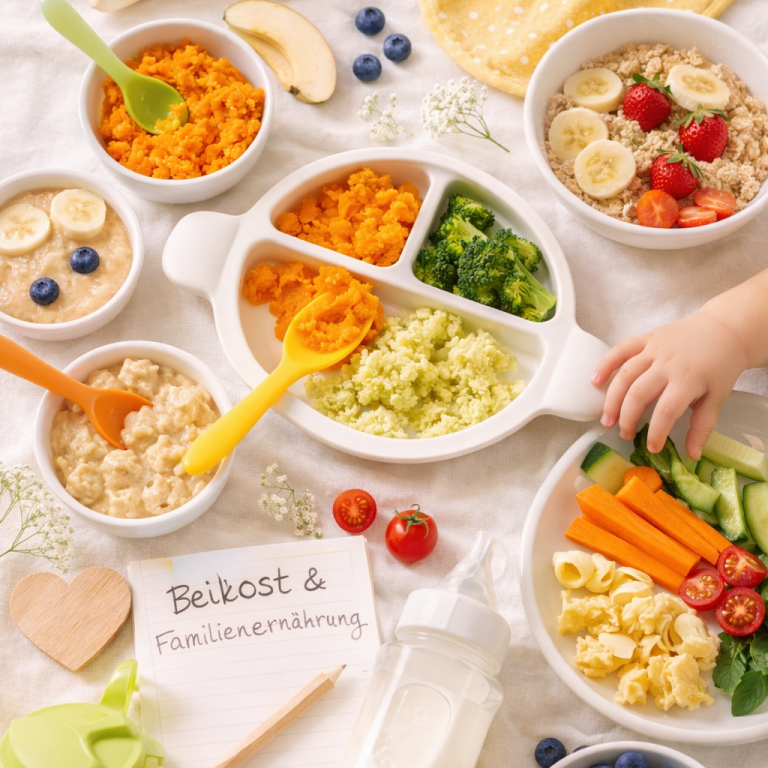 Beikost und gesunde Familienernährung im Alltag; Kinderteller, Kinderhand, Brei und gesunde Lebensmittel
