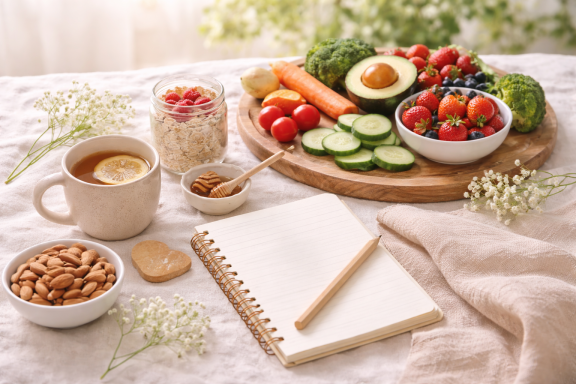 Obst & Gemüse und Notizbuch