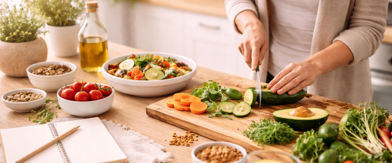 Planung uns Zubereitung gesunder Mahlzeiten; gesunde Lebensmittel schneiden