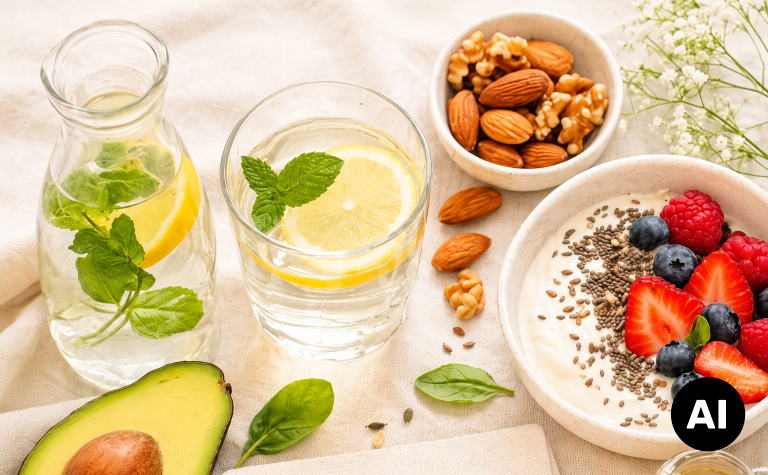 Zitronenwasser, Nüsse und Beerenquark