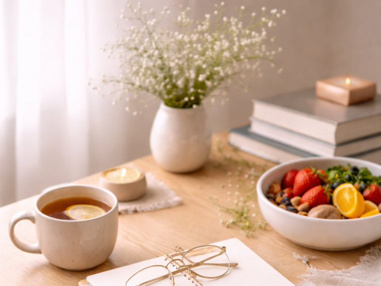 Tisch mit Tee und Obstteller