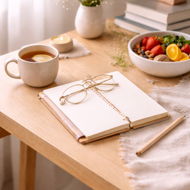 Notizbuch, Tee und Obstteller