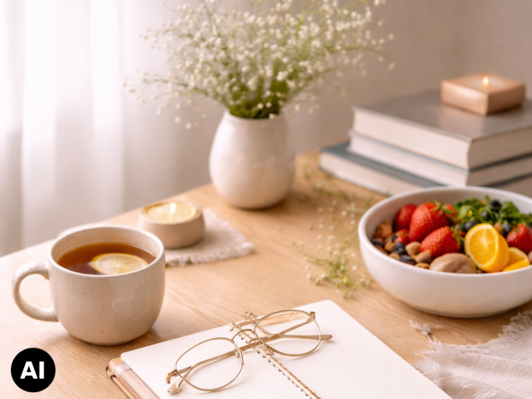 Tisch mit Tee und Obstteller
